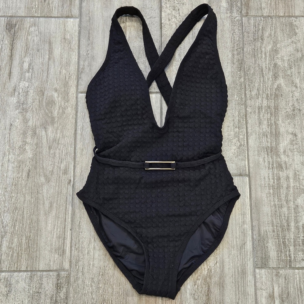 La Blanca Swimsuit Womens 4 Get To The Point Belted Plunge One Piece Black NEW
